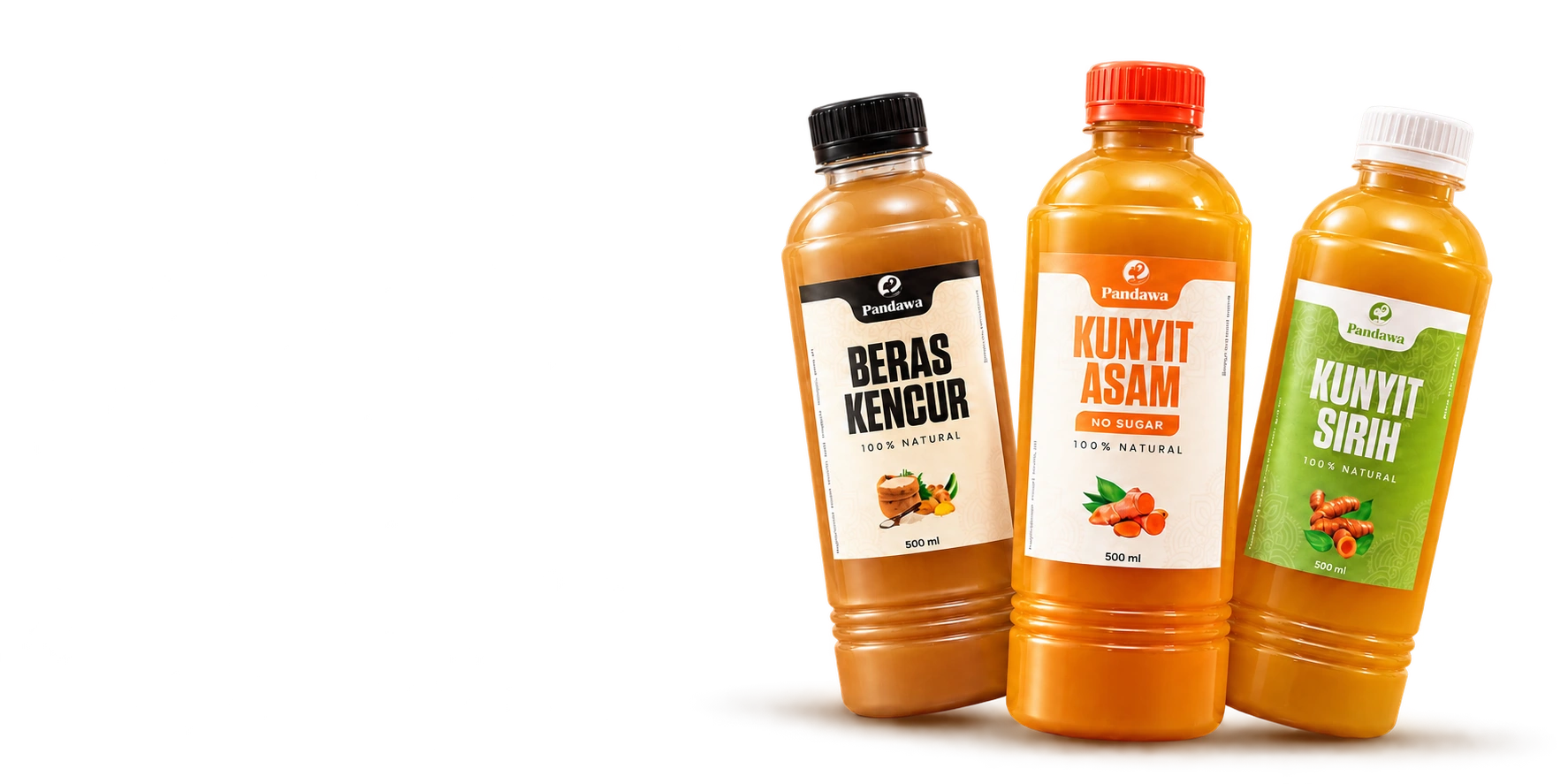 Pandawa Kunyit Asam, Beras Kencur and Kunyit Sirih 500 ml bottles — illustrative studio photoshoot